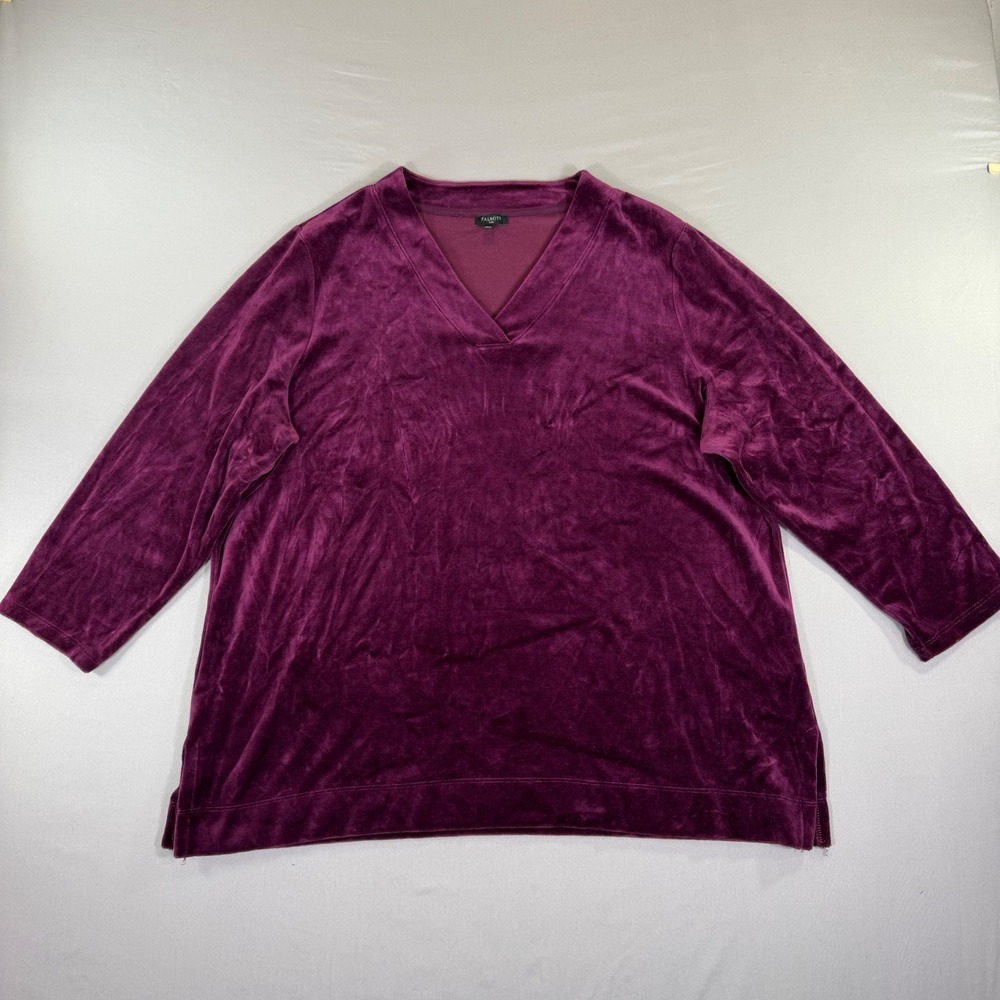 Talbots Plus Womens 2X Plum Purple Velour V-Neck Shirt Holiday Festive Luxe